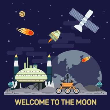 Vector flat illustration of moon colony with comets, meteors, craters, satellites, bases, rover, shuttles in space. Concept of human future and NASA colonization of the solar system