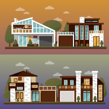 Vector flat illustration of two family house and sweet home banners outdoor street, private pavement, backyard with garage. Office architecture with beautiful plants and bushes. Private house banner