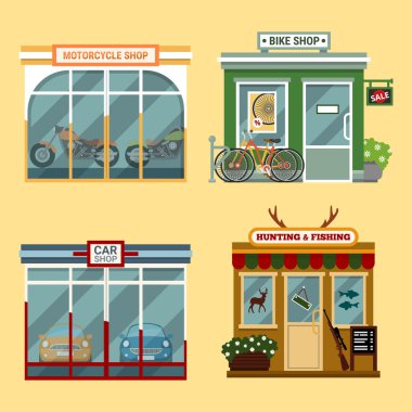 Vector flat illustration of buildings that are shops that are selling  motorcycles, bikes with discount, cars, accessories for hunting and fishing. Different Showcases.