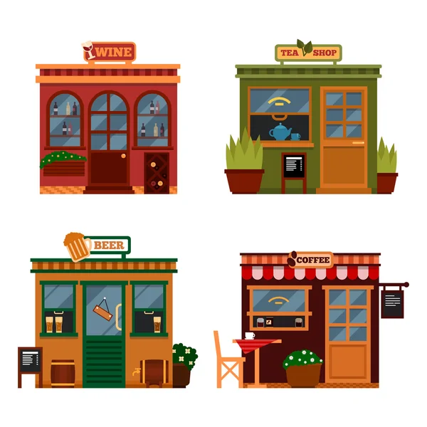 Ilustración vectorial de edificios que son tiendas para comprar bebidas. Conjunto de bonitas tiendas planas. Diferentes escaparates - Vino, bares de cerveza de la tienda de té, cafeterías con menú . — Archivo Imágenes Vectoriales