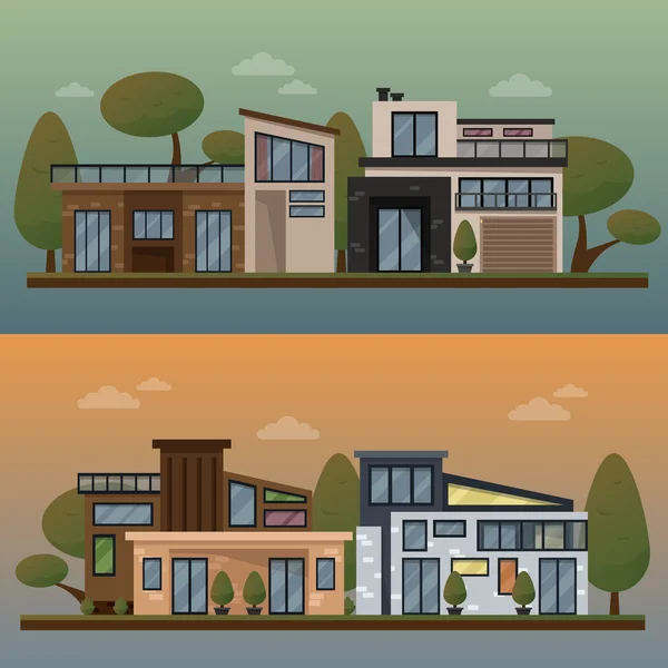 Vector flat illustration of two family house and sweet home banners outdoor street, private pavement, backyard with garage. Office architecture with beautiful plants and bushes. Private house banner — 图库矢量图片