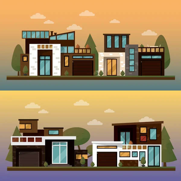 Vector flat illustration of two family house and sweet home banners outdoor street, private pavement, backyard with garage. Office architecture with beautiful plants and bushes. Private house banner — Stok Vektör