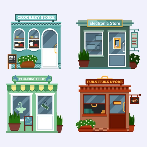 Vector flat illustration of buildings that are shops that are selling electronics notebook, tablet, smartphone and has a discount, crockery with cups, plumbing with water-tap and a blob furniture — 图库矢量图片