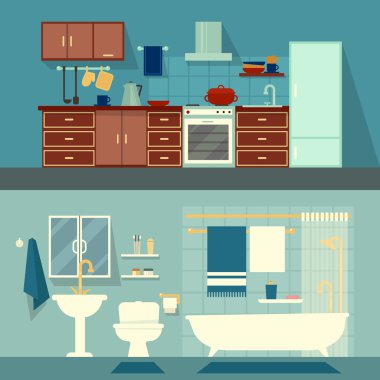 Vector flat illustration for rooms of apartment, house. Home interior design kitchen and bath modern decoration with tile. Stove, fridge, shelf, cup, plate, extract, kettle, pan. Tub, toilet, bath