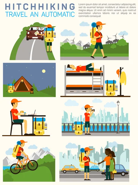 Vector flat illustration infographic of hitchhiking tourism road travel. Man with a big backpack travelling. Sleeping at camp, on the bed, making photos, riding bicycle, meeting people. — Stockový vektor
