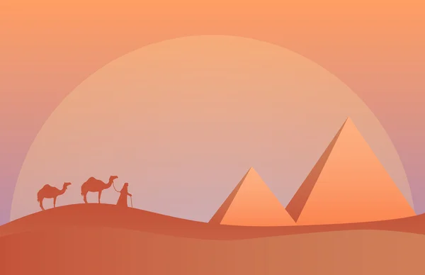 Vektorillustration der Landschaft in der Savanne, Kamelkarawane bei Pyramiden im Sonnenuntergang. malerischer Blick auf die Wüste mit Naturbäumen, Himmel, Bergen und wilder Natur. — Stockvektor