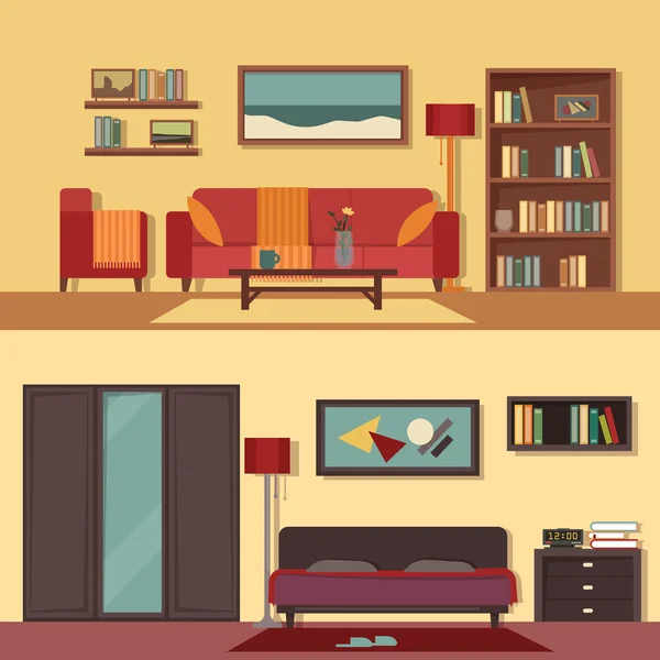 Conjunto de pancartas de ilustración plana vectorial abstracto aislado para habitaciones de apartamento, casa. Diseño interior del hogar. Salón, salón, salón y dormitorio decoración moderna con pinturas, libros en los estantes . — Archivo Imágenes Vectoriales