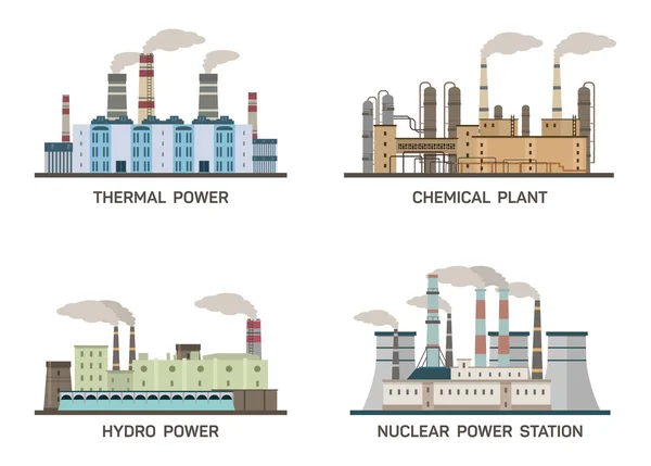 Set of vector industrial flat illustration of different types of power plants. Conception of making energy and pollution of the environment. Nuclear, thermal, hydro, chemical energy. — Stock Vector