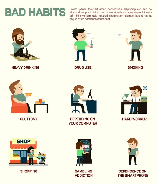 Vector flat illustration infographic of popular bad habits. Alcohol drinking, drug usage, smoking, gluttony with obesity, dependence of computer, smartphone, working hard, shopping, gambling — Stockvector