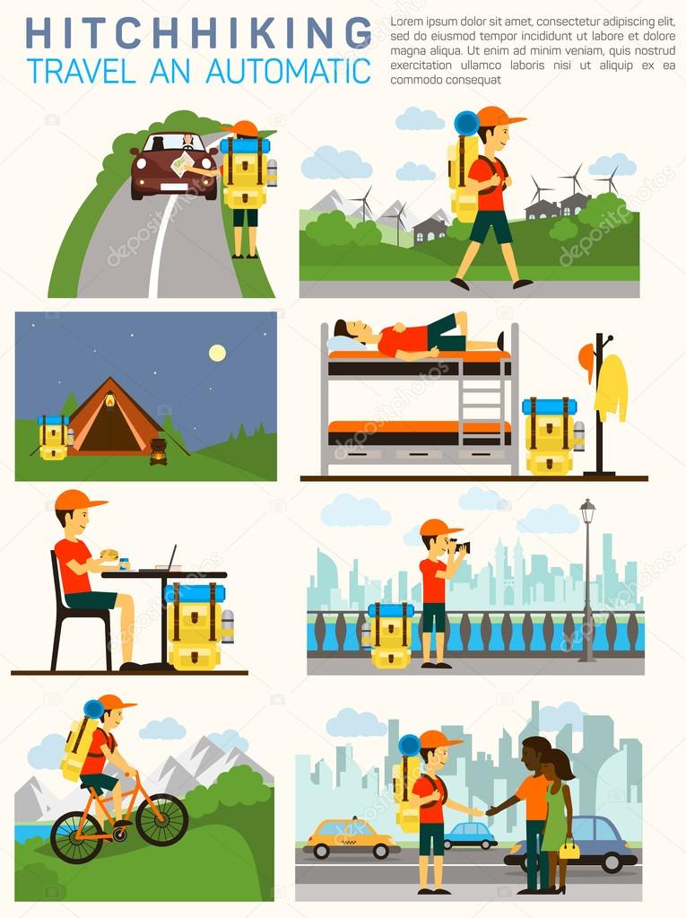 Vector flat illustration infographic of hitchhiking tourism road travel. Man with a big backpack travelling. Sleeping at camp, on the bed, making photos, riding bicycle, meeting people.
