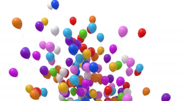 Многочисленные воздушные шары летают на белом фоне. Трехмерная анимация с каналом Мэтта. Ultra HD 4K 3840x2160 — стоковое видео