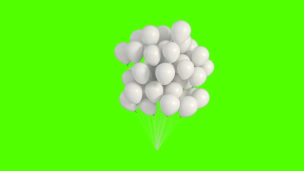 Ένα μάτσο λευκά μπαλόνια αιωρούνται στον άνεμο σε πράσινο φόντο. 3d Animation. Ultra HD 4K 3840x2160 — Αρχείο Βίντεο