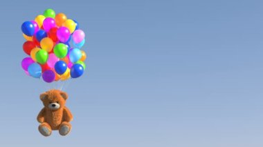 Mavi Arkaplanda Uçan Ayı Teddy ile Doğum Günü Balonları, Alfa Matte ile Güzel 3D Animasyon. Ultra HD 4K 3840x2160