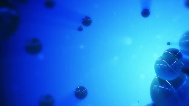 Abstracte blauwe vloeistof of glazen zeepbel deeltjes evolueert — Stockvideo