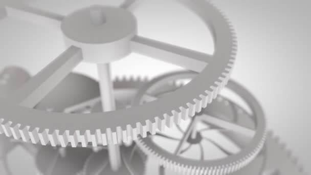 Weiße Zahnräder in Bewegung in einem mechanischen Gerät. Getriebe rotierende Maschinenteile — Stockvideo