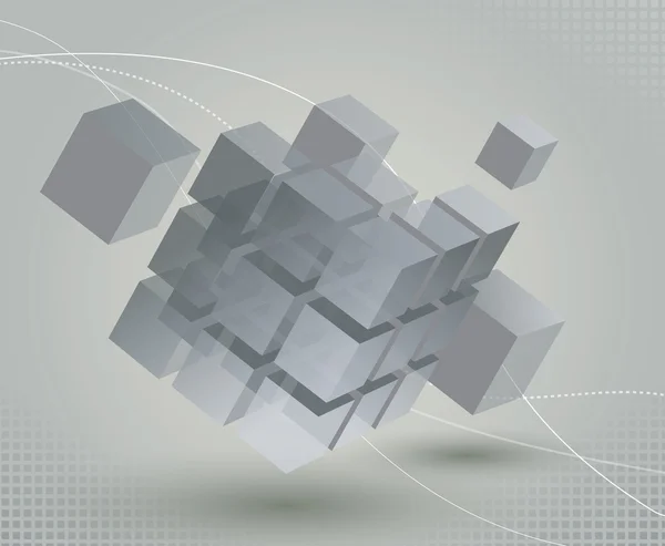 Cubo galleggiante 3d con parti segmentate in movimento su sfondo grigio chiaro ed eleganti linee curve — Vettoriale Stock