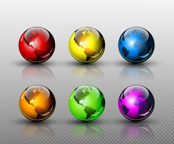 Ensemble de six globes terrestres de couleur brillante — Image vectorielle