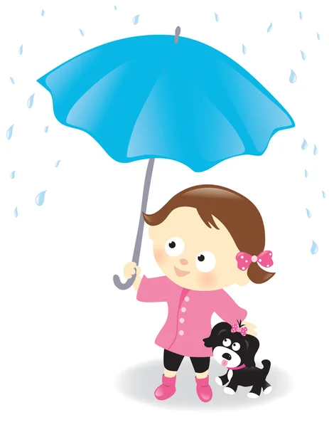 Meisje en puppy met paraplu — Stockvector