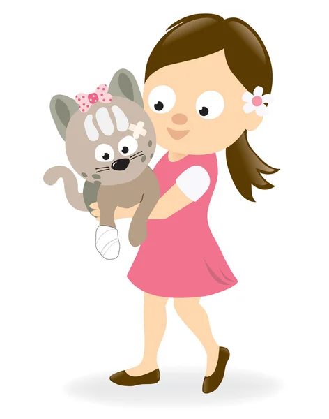 Chica sosteniendo un gatito con la pata vendada — Vector de stock