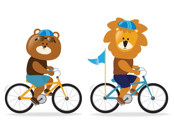 Lion and bear riding bikes — Stock Vector