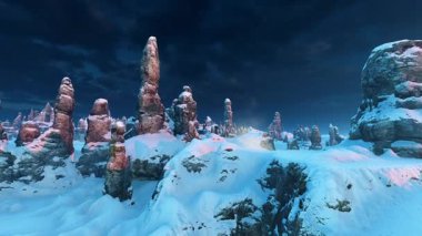 Sonbahar karıyla kaplı bir dağ manzarası. Seyahat, Doğa ve Peyzaj Teması Üzerine Animasyon.