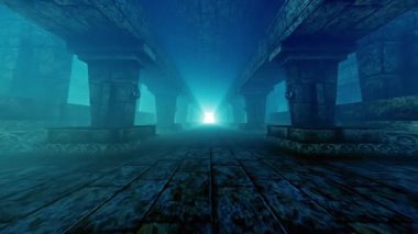 Taş koridor boyunca ilerliyorum. Tarih ve fantezi teması üzerine animasyon.