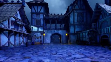 Fenerlerle aydınlatılmış bir ortaçağ şehrinin caddesi..