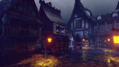 Eski şehrin akşam caddesi. Tarih ve şehir teması üzerine bir animasyon..