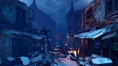 Savaşın yıktığı şehir sokakları. Savaş ve yıkım temalı bir animasyon..