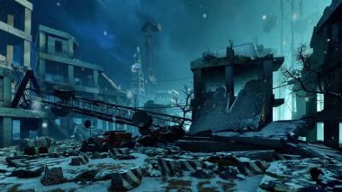 Mahvolmuş bir şehir bölgesinden geçerek. Savaş ve yıkım temalı bir animasyon..