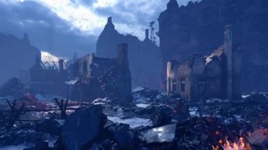 Mahvolmuş bir şehir bloğunun panoraması. Savaş ve yıkım temalı bir animasyon..