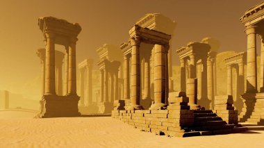 Yok olmuş bir medeniyetin eski tapınağının panoraması. Medeniyet, tapınaklar ve din, seyahat ve turizm konuları üzerine illüstrasyon.