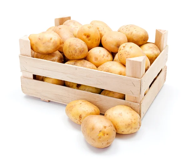 White potatoes in wooden crate — Stock Photo, Image