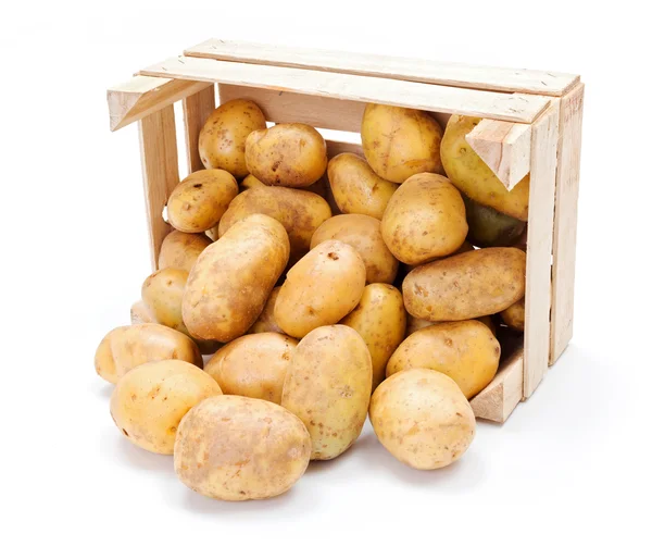 White potatoes in wooden crate — Stock Photo, Image