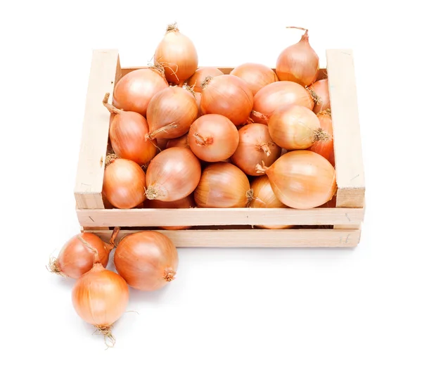 Yellow onions in wooden crate — Stock Photo, Image