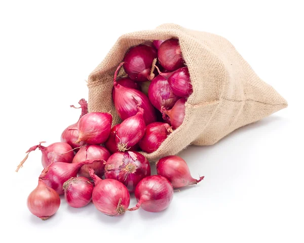 Cebollas rojas en saco de arpillera — Foto de Stock