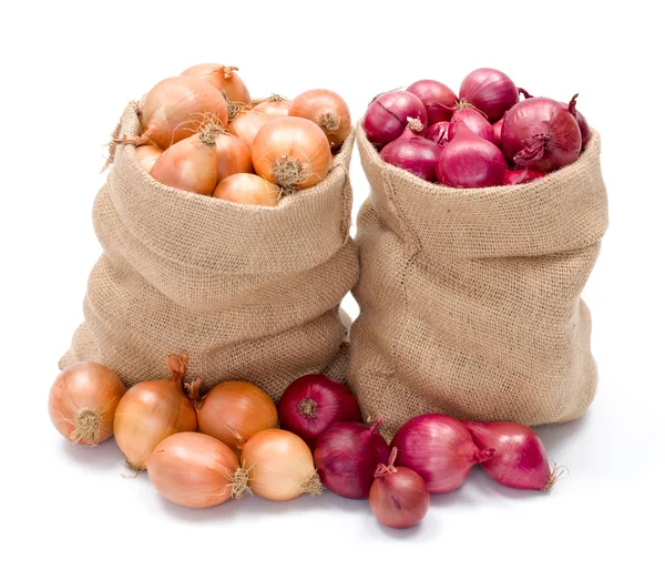 Red and yellow onions in burlap sack — Stock Photo, Image