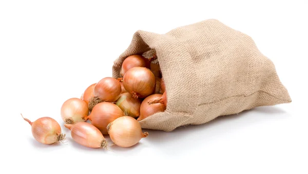 Yellow onions in burlap bag — Stock Photo, Image