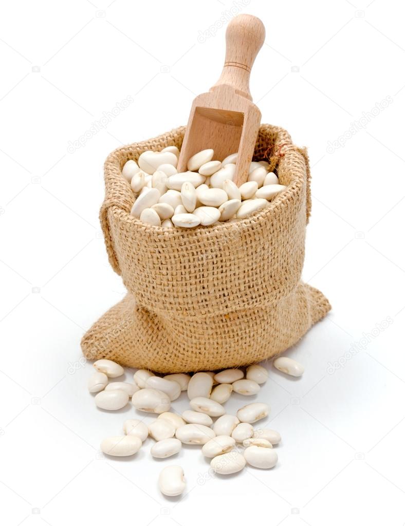 Haricot beans in burlap bag