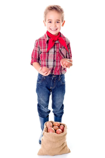 Glad liten agriculturist pojke visar potatis skörden — Stockfoto