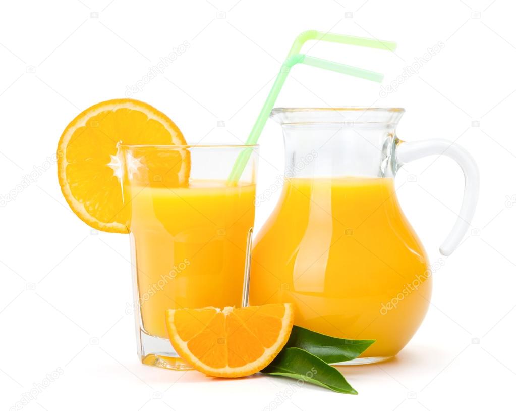 Orange juice in glass and jug