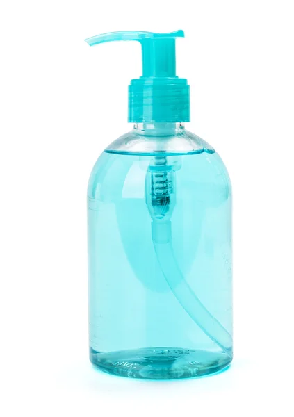 प्लास्टिकच्या बाटलीत निळा द्रव हात धुणे साबण — स्टॉक फोटो, इमेज