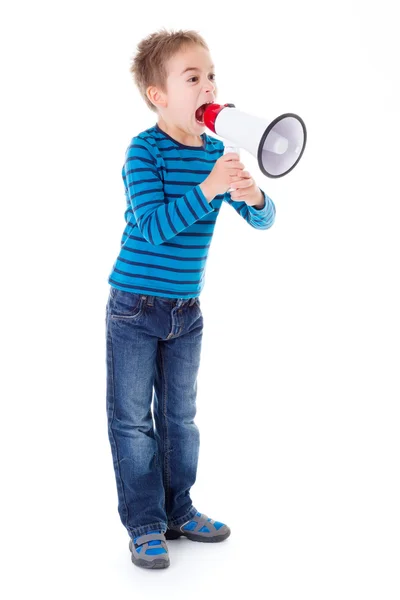 Menino gritando em grande megafone branco — Fotografia de Stock