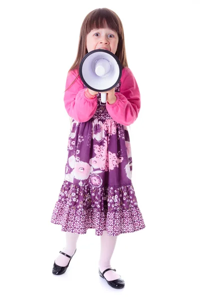 Menina gritando em grande megafone branco — Fotografia de Stock