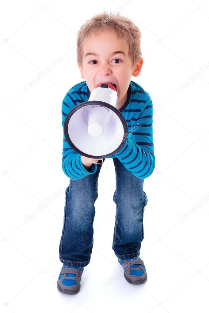 Boy shouting into big white megaphone