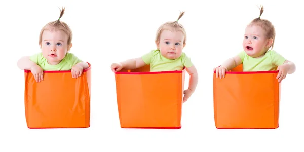 Colagem de menina bonita em caixas — Fotografia de Stock