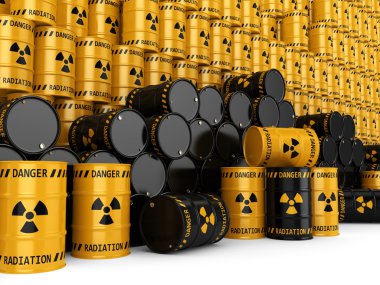 3D render sarı ve radyoaktif varil siyah