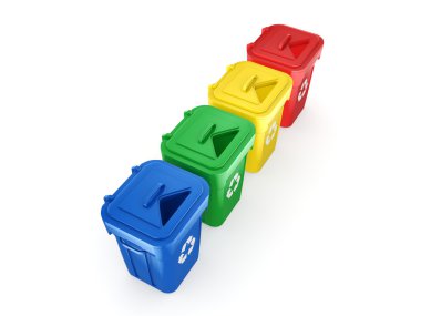 3D render çok renkli geri dönüşüm kutuları 