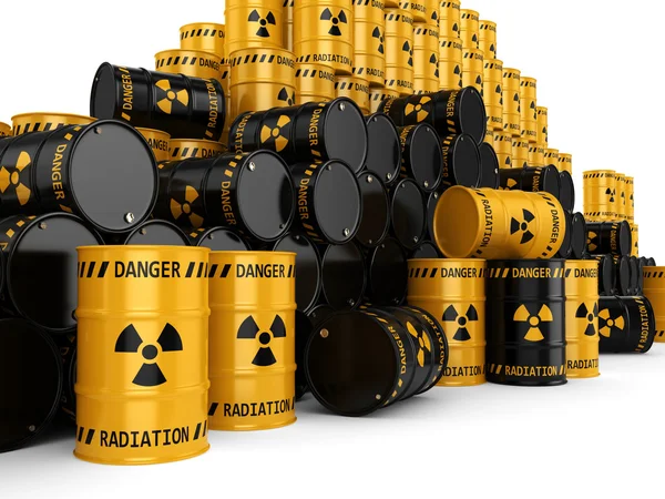 3D rendering sárga és fekete radioaktív hordók — Stock Fotó