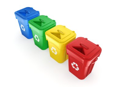 3D render çok renkli geri dönüşüm kutuları 